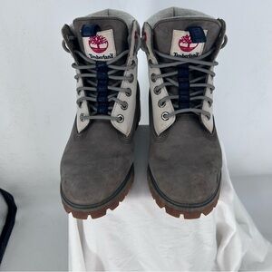 Timberland Roll-Top Boots Women's 7M Gray Cream Canvas Suede Lace-Up some wear